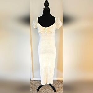 No Comment White Smocked Puff Sleeve Midi Dress – Size M NWT